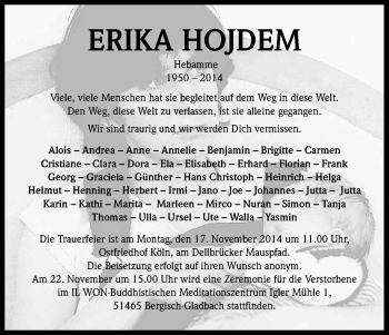 Anzeige von Erika  Hojdem von Kölner Stadt-Anzeiger / Kölnische Rundschau / Express