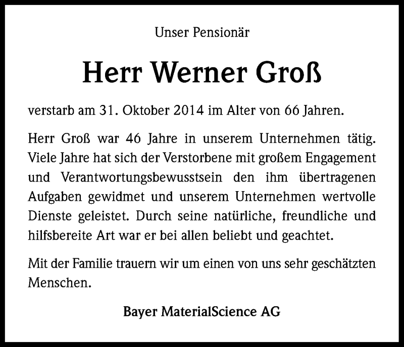  Traueranzeige für Werner Groß vom 13.11.2014 aus Kölner Stadt-Anzeiger / Kölnische Rundschau / Express