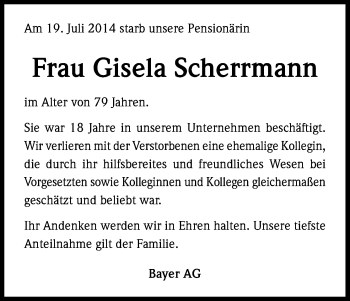 Anzeige von Gisela Scherrmann von Kölner Stadt-Anzeiger / Kölnische Rundschau / Express