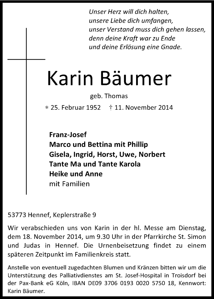  Traueranzeige für Karin Bäumer vom 13.11.2014 aus Kölner Stadt-Anzeiger / Kölnische Rundschau / Express