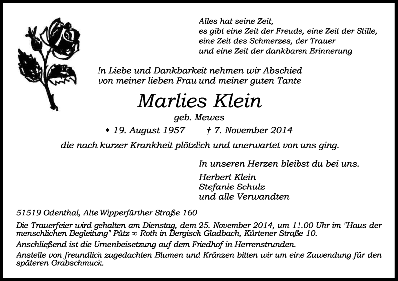  Traueranzeige für Marlies Klein vom 15.11.2014 aus Kölner Stadt-Anzeiger / Kölnische Rundschau / Express