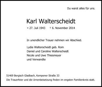 Anzeige von Karl Walterscheidt von Kölner Stadt-Anzeiger / Kölnische Rundschau / Express