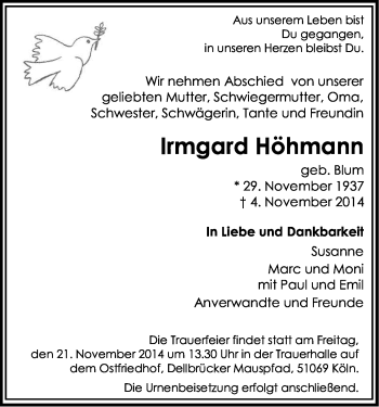 Anzeige von Irmgard Höhmann von Kölner Stadt-Anzeiger / Kölnische Rundschau / Express