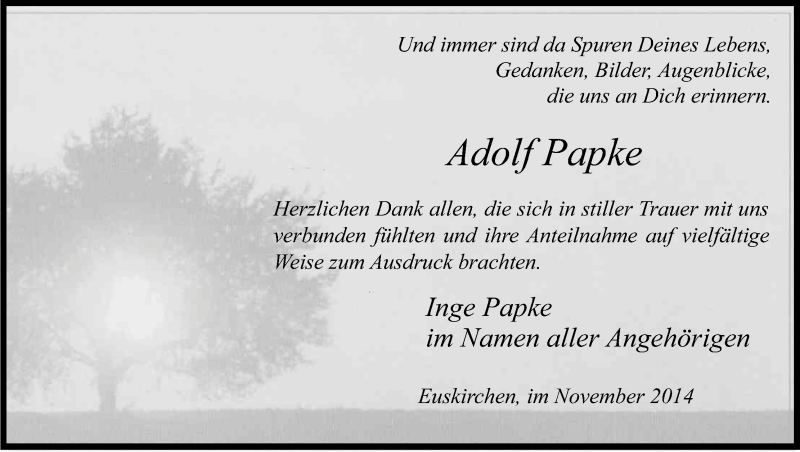  Traueranzeige für Adolf Papke vom 15.11.2014 aus Kölner Stadt-Anzeiger / Kölnische Rundschau / Express