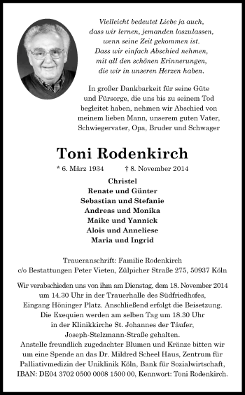 Anzeige von Toni Rodenkirch von Kölner Stadt-Anzeiger / Kölnische Rundschau / Express