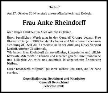 Anzeige von Anke Rheindorff von Kölner Stadt-Anzeiger / Kölnische Rundschau / Express
