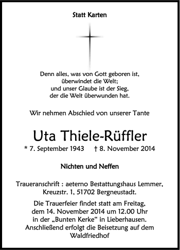 Anzeige von Uta Thiele-Rüffler von Kölner Stadt-Anzeiger / Kölnische Rundschau / Express