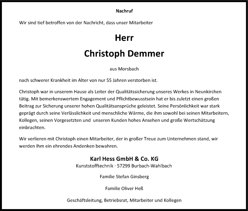  Traueranzeige für Christoph Demmer vom 15.11.2014 aus Kölner Stadt-Anzeiger / Kölnische Rundschau / Express