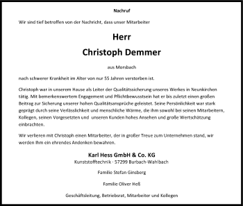 Anzeige von Christoph Demmer von Kölner Stadt-Anzeiger / Kölnische Rundschau / Express