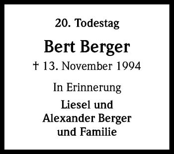 Anzeige von Bert Berger von Kölner Stadt-Anzeiger / Kölnische Rundschau / Express
