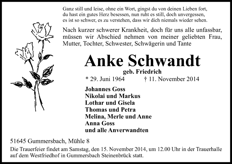  Traueranzeige für Anke Schwandt vom 13.11.2014 aus Kölner Stadt-Anzeiger / Kölnische Rundschau / Express