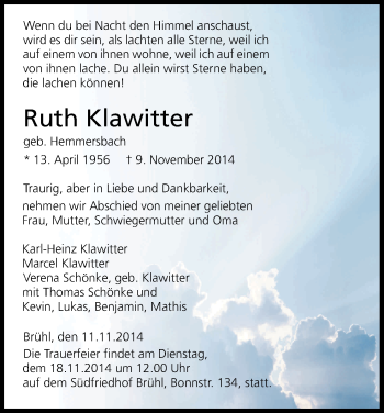 Anzeige von Ruth Klawitter von Kölner Stadt-Anzeiger / Kölnische Rundschau / Express