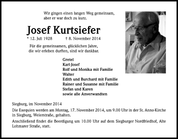 Anzeige von Josef Kurtsiefer von Kölner Stadt-Anzeiger / Kölnische Rundschau / Express