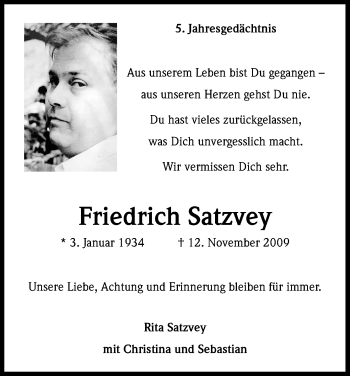 Anzeige von Friedrich Satzvey von Kölner Stadt-Anzeiger / Kölnische Rundschau / Express