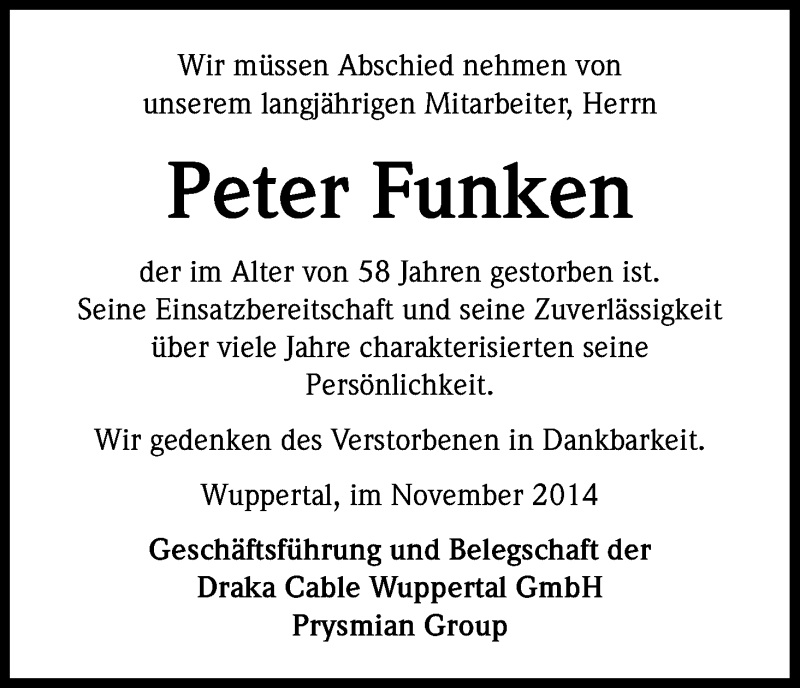  Traueranzeige für Peter Funken vom 15.11.2014 aus Kölner Stadt-Anzeiger / Kölnische Rundschau / Express