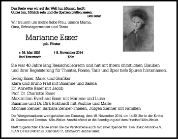 Anzeige von Marianne Esser von Kölner Stadt-Anzeiger / Kölnische Rundschau / Express