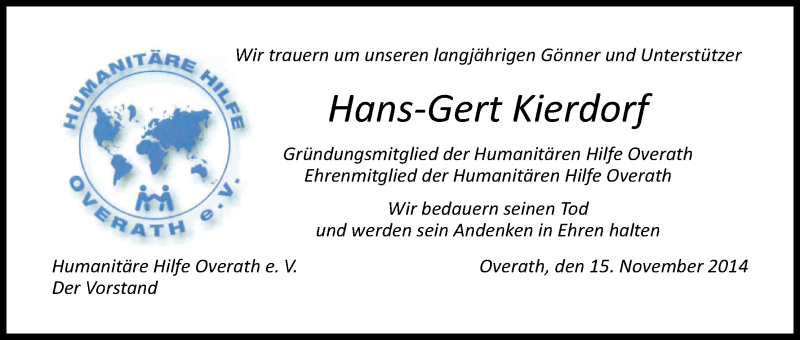  Traueranzeige für Hans-Gert Kierdorf vom 15.11.2014 aus Kölner Stadt-Anzeiger / Kölnische Rundschau / Express