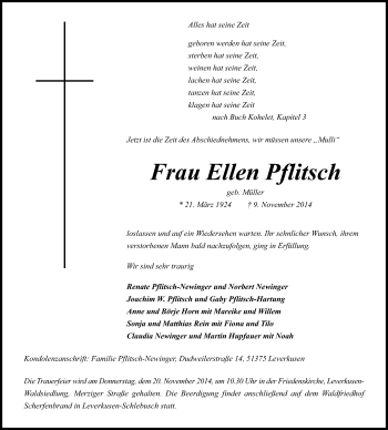 Anzeige von Ellen Pflitsch von Kölner Stadt-Anzeiger / Kölnische Rundschau / Express