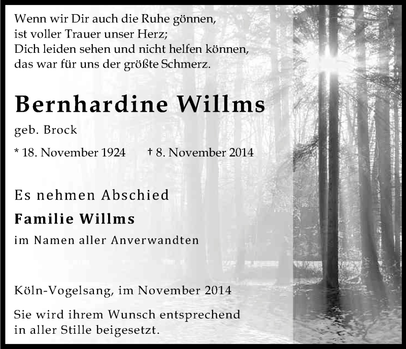  Traueranzeige für Bernhardine Willms vom 15.11.2014 aus Kölner Stadt-Anzeiger / Kölnische Rundschau / Express