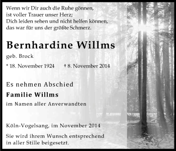 Anzeige von Bernhardine Willms von Kölner Stadt-Anzeiger / Kölnische Rundschau / Express