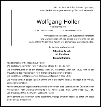 Anzeige von Wolfgang Höller von Kölner Stadt-Anzeiger / Kölnische Rundschau / Express
