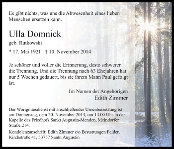 Anzeige von Ulla Domnick von Kölner Stadt-Anzeiger / Kölnische Rundschau / Express