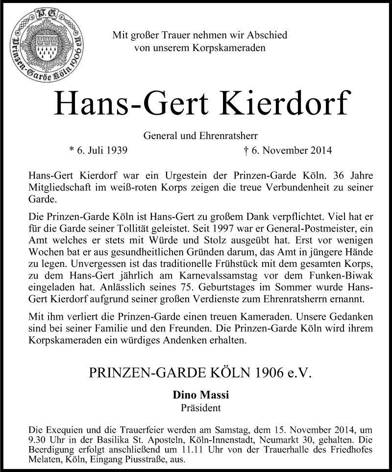 Traueranzeige für Hans-Gert Kierdorf vom 14.11.2014 aus Kölner Stadt-Anzeiger / Kölnische Rundschau / Express