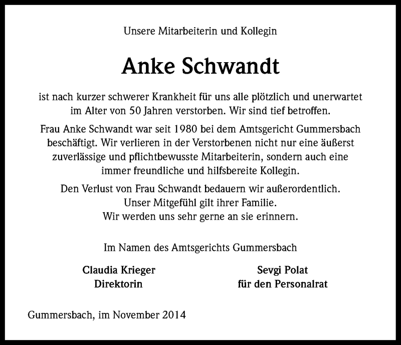  Traueranzeige für Anke Schwandt vom 14.11.2014 aus Kölner Stadt-Anzeiger / Kölnische Rundschau / Express