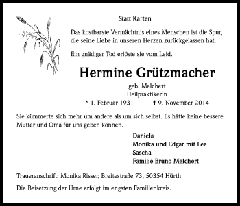 Anzeige von Hermine Grützmacher von Kölner Stadt-Anzeiger / Kölnische Rundschau / Express