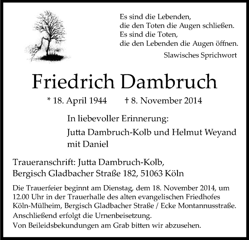  Traueranzeige für Friedrich Dambruch vom 15.11.2014 aus Kölner Stadt-Anzeiger / Kölnische Rundschau / Express