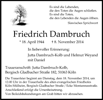 Anzeige von Friedrich Dambruch von Kölner Stadt-Anzeiger / Kölnische Rundschau / Express