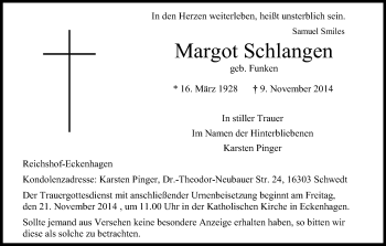 Anzeige von Margot Schlangen von Kölner Stadt-Anzeiger / Kölnische Rundschau / Express