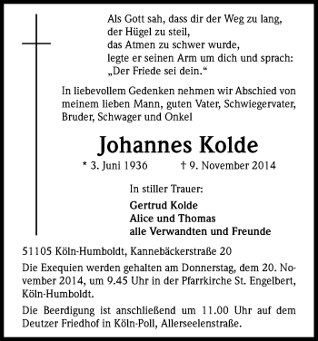 Anzeige von Johannes Kolde von Kölner Stadt-Anzeiger / Kölnische Rundschau / Express
