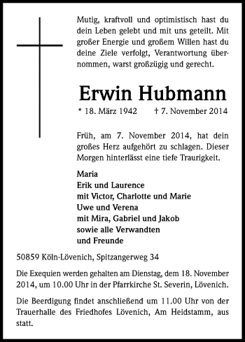 Anzeige von Erwin Hubmann von Kölner Stadt-Anzeiger / Kölnische Rundschau / Express