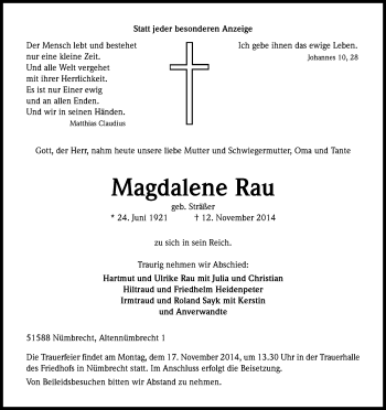 Anzeige von Magdalene Rau von Kölner Stadt-Anzeiger / Kölnische Rundschau / Express
