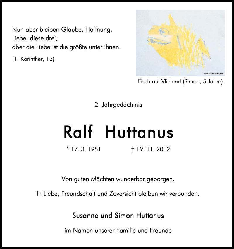 Traueranzeige für Ralf Huttanus vom 19.11.2014 aus Kölner Stadt-Anzeiger / Kölnische Rundschau / Express