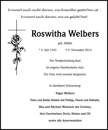 Anzeige von Roswitha Welbers von Kölner Stadt-Anzeiger / Kölnische Rundschau / Express