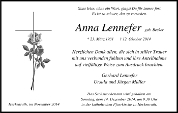 Anzeige von Anna Lennefer Becker von Kölner Stadt-Anzeiger / Kölnische Rundschau / Express