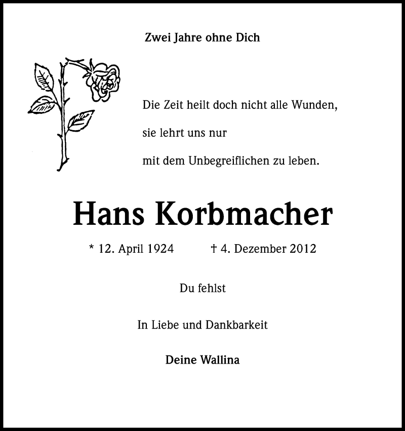  Traueranzeige für Hans Korbmacher vom 18.07.2023 aus Kölner Stadt-Anzeiger / Kölnische Rundschau / Express