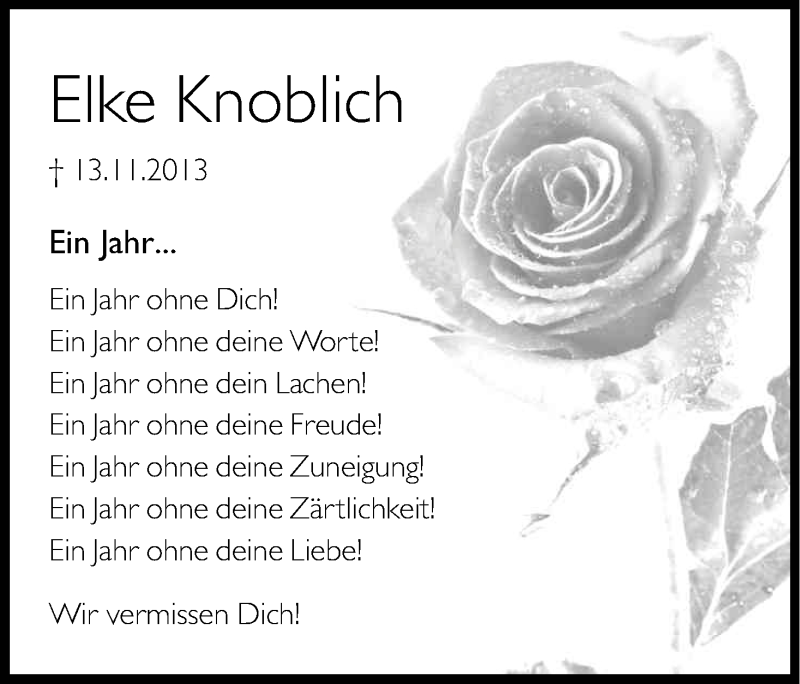  Traueranzeige für Elke Knoblich vom 15.11.2014 aus Kölner Stadt-Anzeiger / Kölnische Rundschau / Express