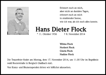 Anzeige von Hans Dieter Flock von Kölner Stadt-Anzeiger / Kölnische Rundschau / Express