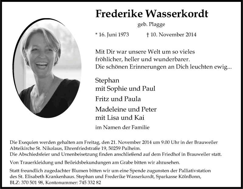  Traueranzeige für Frederike Wasserkordt vom 15.11.2014 aus Kölner Stadt-Anzeiger / Kölnische Rundschau / Express