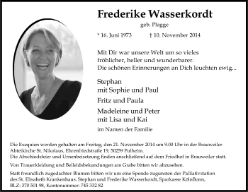 Anzeige von Frederike Wasserkordt von Kölner Stadt-Anzeiger / Kölnische Rundschau / Express