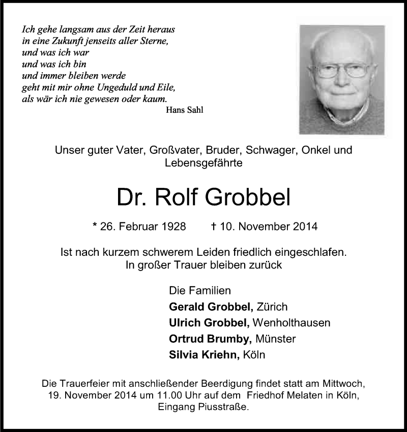  Traueranzeige für Rolf  Grobbel vom 15.11.2014 aus Kölner Stadt-Anzeiger / Kölnische Rundschau / Express