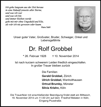 Anzeige von Rolf  Grobbel von Kölner Stadt-Anzeiger / Kölnische Rundschau / Express