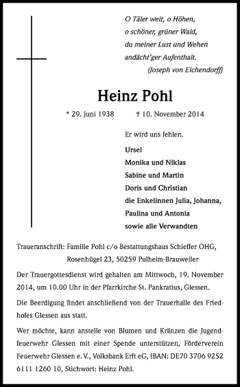 Anzeige von Heinz Pohl von Kölner Stadt-Anzeiger / Kölnische Rundschau / Express