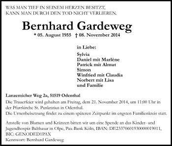 Anzeige von Bernhard Gardeweg von Kölner Stadt-Anzeiger / Kölnische Rundschau / Express