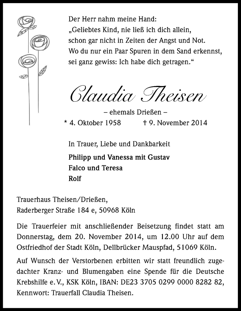  Traueranzeige für Claudia Theisen vom 15.11.2014 aus Kölner Stadt-Anzeiger / Kölnische Rundschau / Express