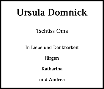 Anzeige von Ursula Domnick von Kölner Stadt-Anzeiger / Kölnische Rundschau / Express