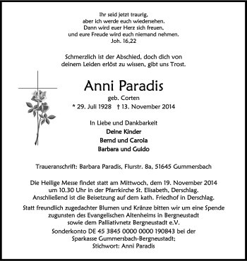 Anzeige von Anna Paradis von Kölner Stadt-Anzeiger / Kölnische Rundschau / Express